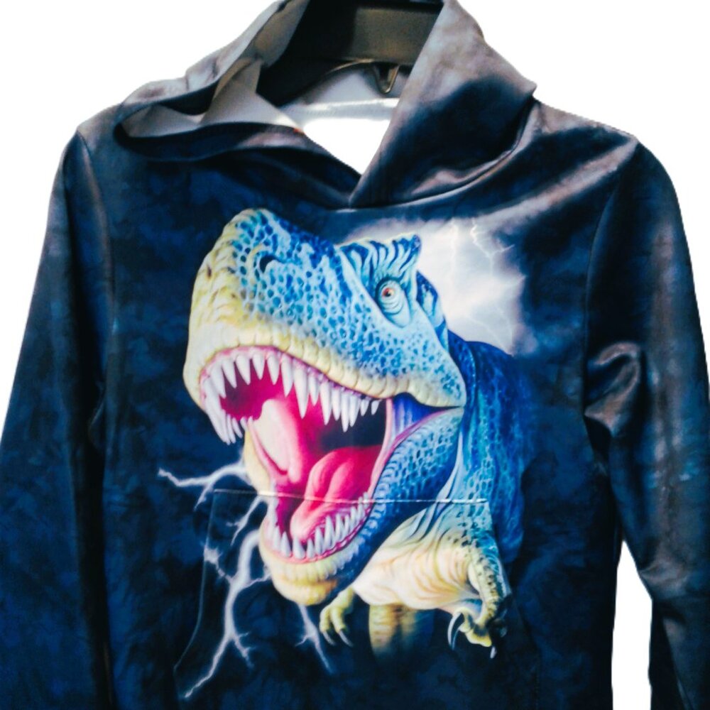 Blue T-Rex Fleece Pullover Hoodie  kids , size - XS .